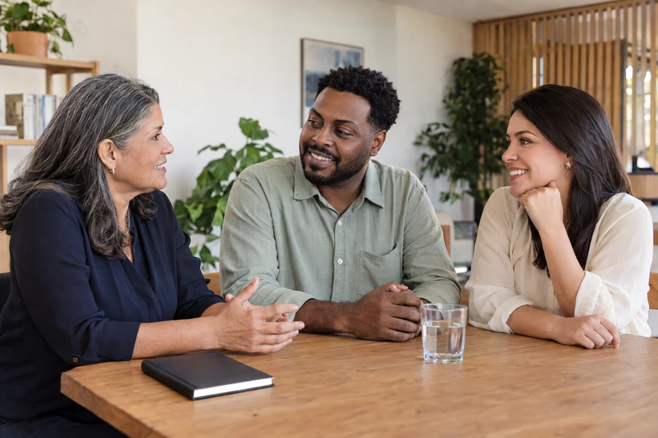Três colegas conversam à mesa em um ambiente de trabalho.
